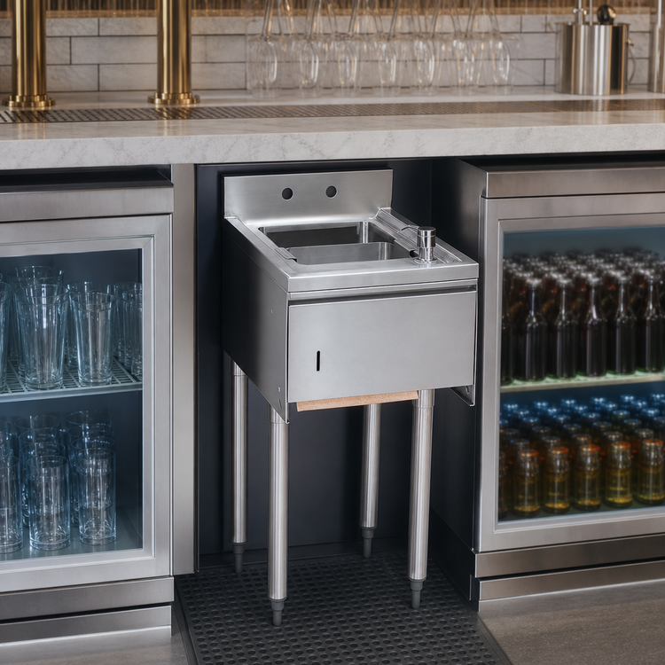 Product image #3 for BK Resources Slimline Underbar Dump Sink with Splash Mount Faucet, Soap Dispenser, Towel Dispenser and Basket Drain, 15-1/2 Inch Wide, 1 Compartment