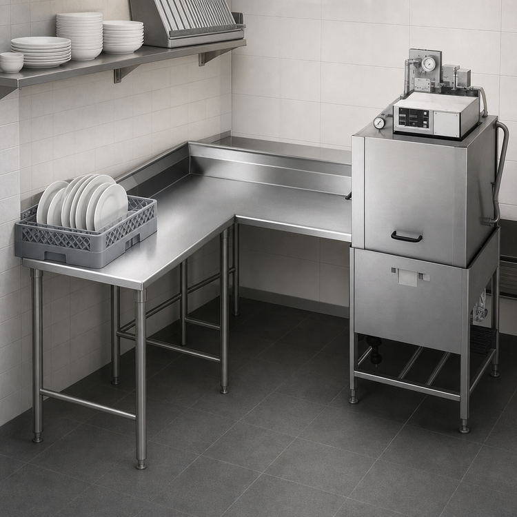 Product image #3 for Spec-Master Corner Clean Dishtable, 48-Inch Machine-to-Corner x 60-Inch Corner-to-End, 30-Inch Working Depth, 14/304 Stainless Steel