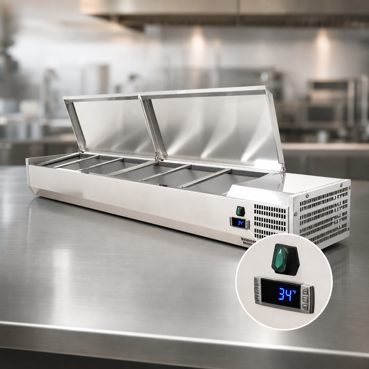Product image #3 for Omcan Refrigerated Countertop Topping Rail with Stainless Steel Cover, 78 Inch, 9-Pan Capacity for 1/3 Size Pans
