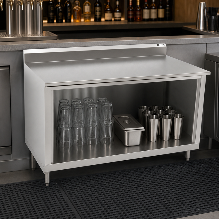 Product image #3 for Stainless Steel Underbar Work Table with Open Front Cabinet Base, 60 x 24 Inches, 5 Inch Backsplash