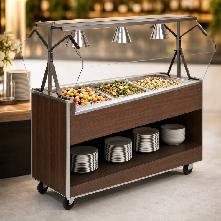 Product image #3 for Vollrath 2-Series Affordable Portable 46-Inch 3-Pan Non-Refrigerated Cold Food Station with Buffet Breath Guard, Lights, Open Storage Base, and Walnut Woodgrain Finish