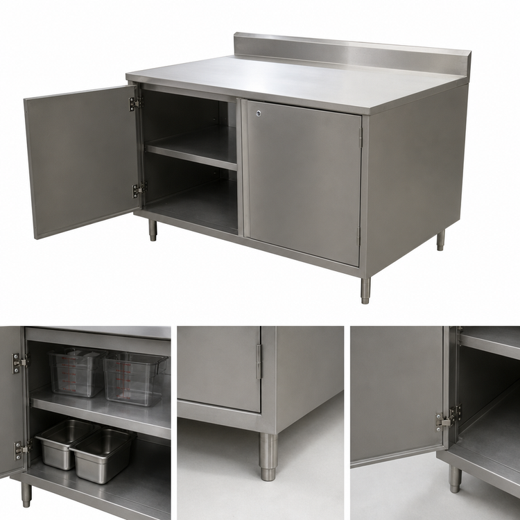Product image #3 for BK Resources 60-Inch x 30-Inch Stainless Steel Enclosed Cabinet Base Work Table with 5-Inch Backsplash and Locking Hinged Doors