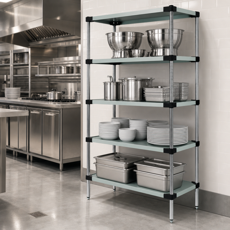 Product image #3 for Quantum Stationary 304 Stainless Steel Solid Shelving Starter Kit, 24 x 18 x 86 Inches, 5 Shelves