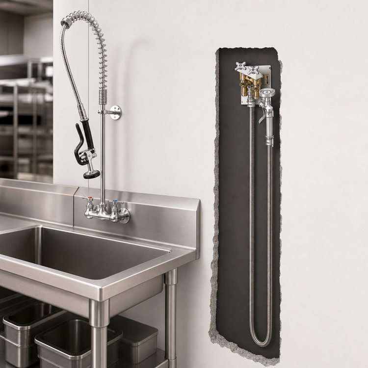 Product image #3 for T&S Brass Concealed Deck/Wall Mount Mixing Faucet with 3-Inch Centers, Lever Handles, and 68-Inch Stainless Steel Flex Hose