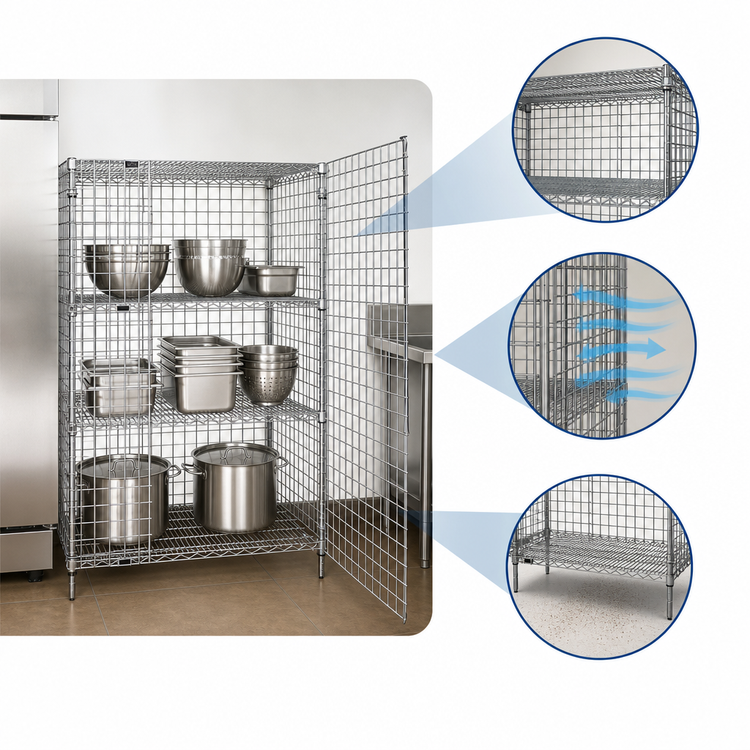 Product image #3 for Quantum 48-Inch Wide Stationary Open Wire Security Cage, 2 Intermediate Shelves, Chrome Plated