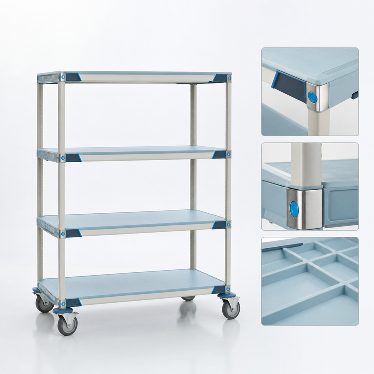 Product image #3 for MetroMax i Blue Mobile Polymer Shelving Starter Unit with 4 Solid Mat Shelves, 60"W x 24"D x 69"H