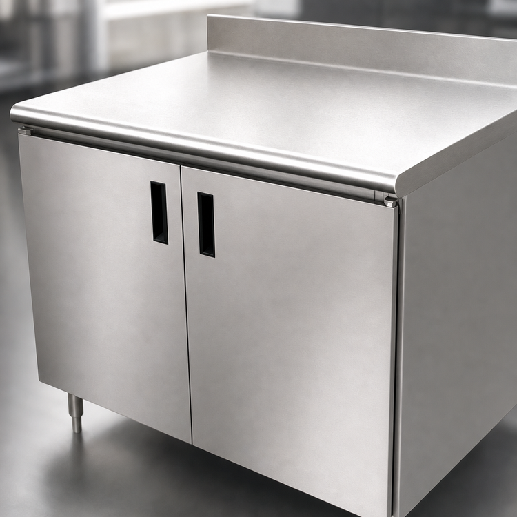 Product image #3 for Advance Tabco Enclosed Work Table, 108 x 24 Inches, Cabinet Base, Mid-Shelf, Hinged Doors, 14-Gauge 304 Stainless Steel Top, 5-Inch Backsplash