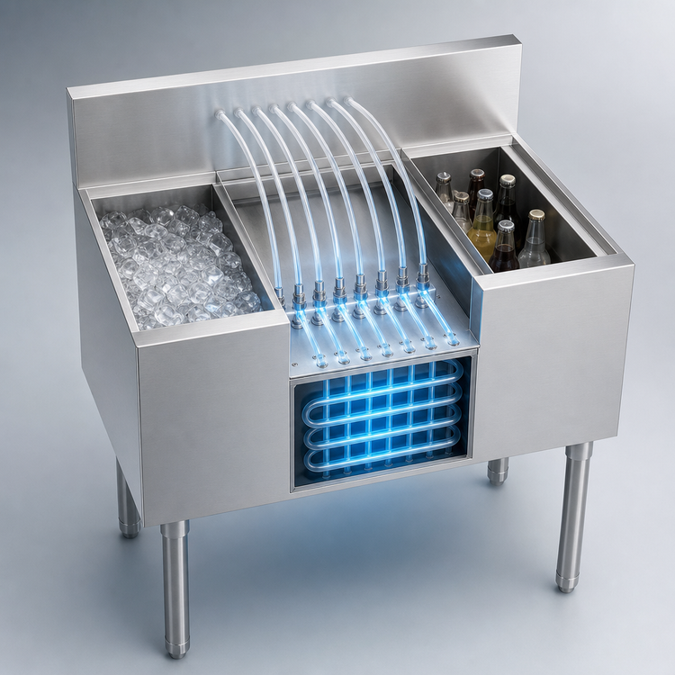 Product image #3 for Krowne Royal Series 32-Inch Underbar Speed Multi Station with 10-Circuit Cold Plate, Left Ice Bin, and Insulated Bottle Well