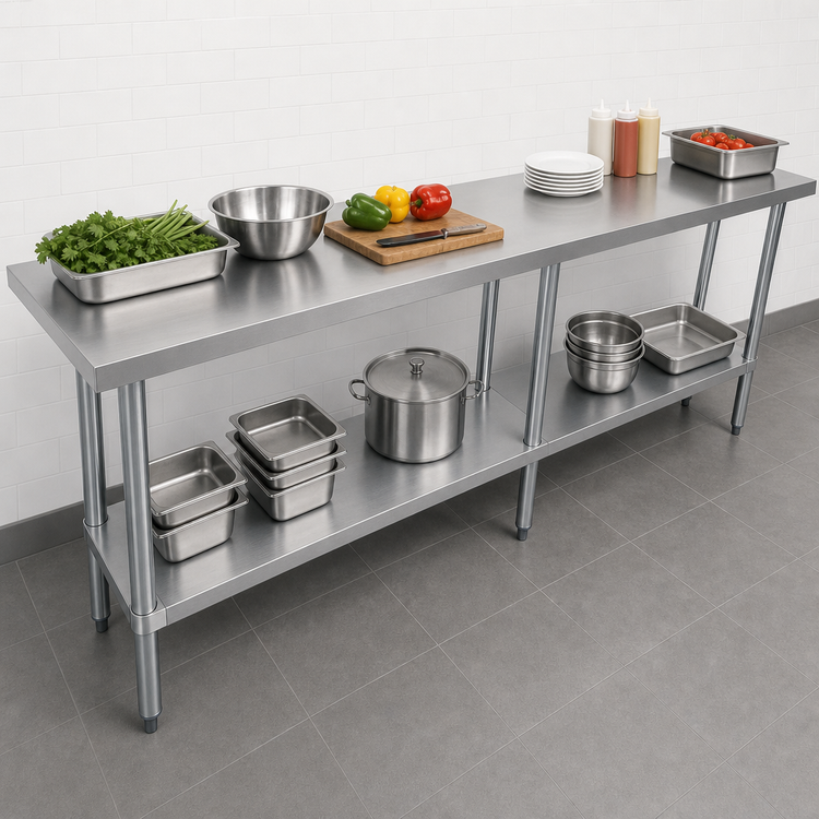 Product image #3 for Sapphire 84-Inch 18-Gauge 430 Stainless Steel Flat Top Work Table with Galvanized Legs and Undershelf