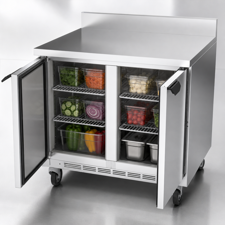 Product image #3 for Beverage-Air Two-Section 36-Inch Worktop Refrigerator with Solid Doors and 4-Inch Backsplash, 8.5 Cu. Ft.