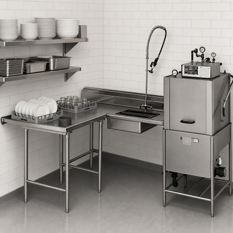 Product image #3 for Eagle Group SDTLR-84-16/3 Island Soiled Dishtable with Landing Shelf and Pre-Rinse Sink, 84 x 60 Inches, Right-to-Left Operation