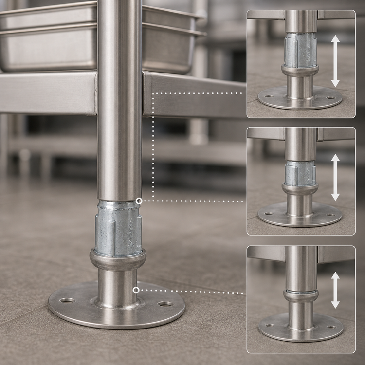 Product image #3 for BK Resources Adjustable Stainless Steel Over White Metal Flange Foot with Holes for 1-5/8-Inch Round Tubing