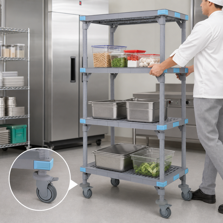 Product image #3 for Millenia 4-Shelf Mobile Polymer Shelving Starter Unit, 24 x 21 x 62 Inches, Gray