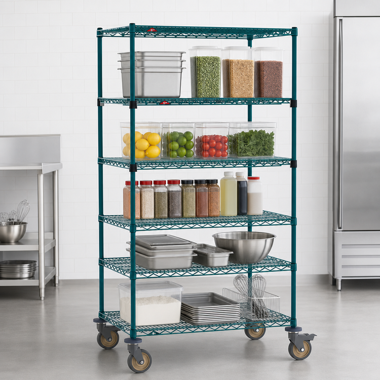 Product image #3 for Super Erecta 36"W x 24"D x 68"H 5-Tier Wire Stem Caster Cart with Metroseal 3 Green Finish and Microban