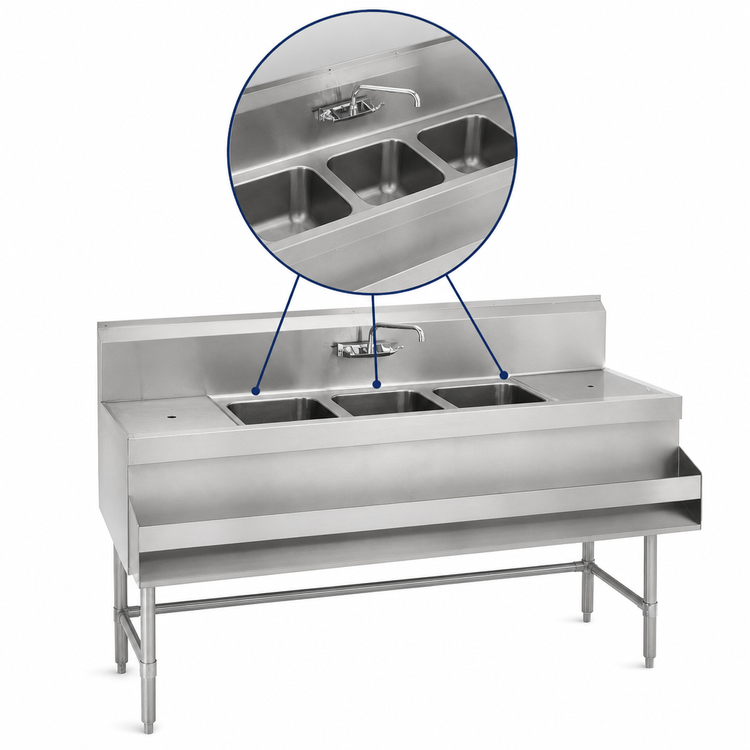 Product image #3 for Eagle Group Spec-Bar 3-Compartment Underbar Sink Unit with Left Drainboard, 66W x 19D x 37H
