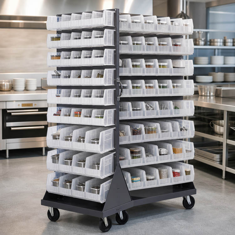 Product image #3 for Quantum Double-Sided Louvered Rack with Casters and Bins, 36 x 30 x 72 Inches, 1200 lb Capacity