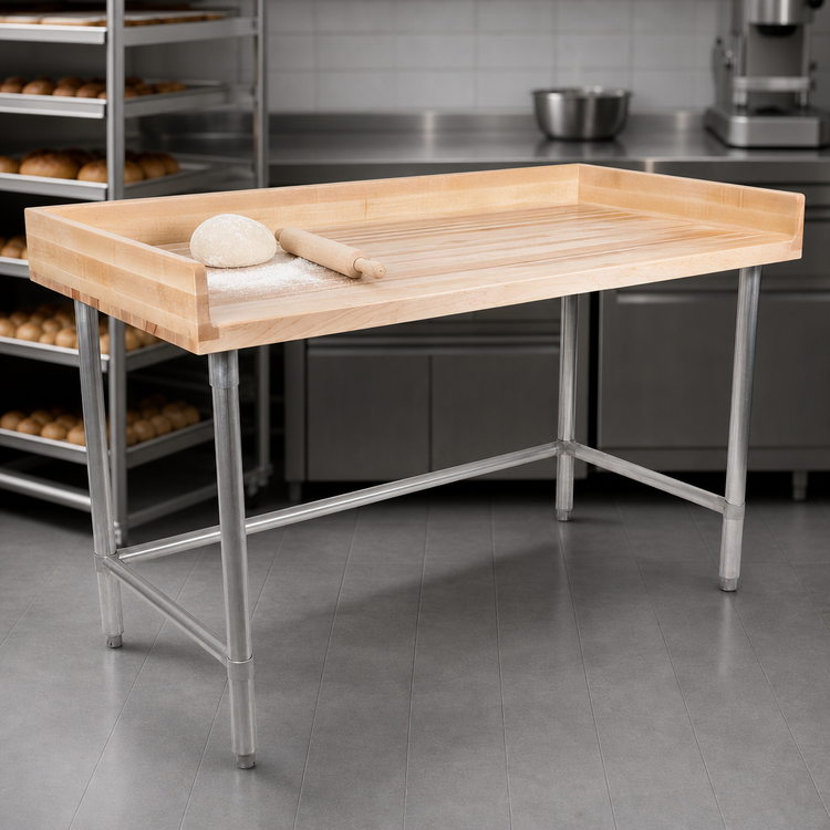 Product image #3 for John Boos 60 x 30-Inch Bakers' Work Table with 1-3/4-Inch Maple Top, 4-Inch Coved Riser, and Stainless Steel Base