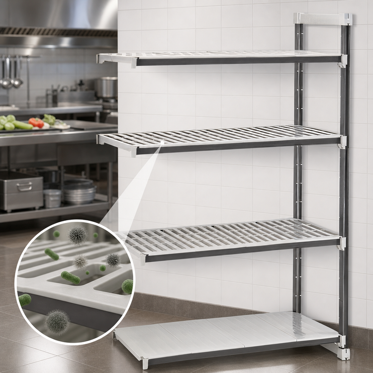Product image #3 for Cambro Camshelving Elements XTRA Stationary Add-On Polymer Shelving Unit, 24 x 72 x 64 Inches, 4-Tier, 3 Vented + 1 Solid