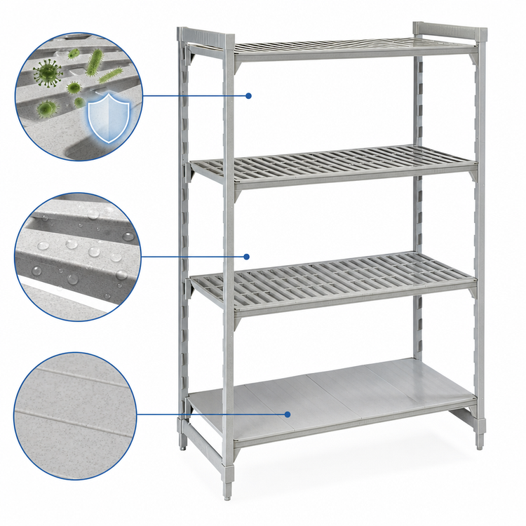 Product image #4 for Cambro Camshelving Premium 4-Tier Stationary Starter Unit, 42" W x 24" D x 64" H, 3 Vented + 1 Solid Shelves, Speckled Gray