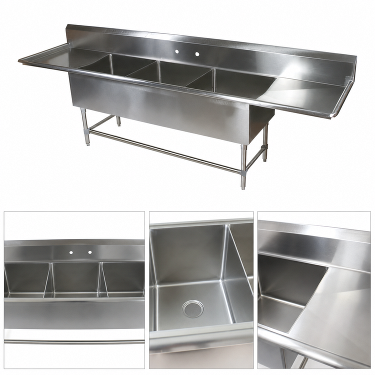 Product image #3 for John Boos Pro-Bowl 3-Compartment Stainless Steel Sink with Left and Right Drainboards, 111-1/4 Inches Wide