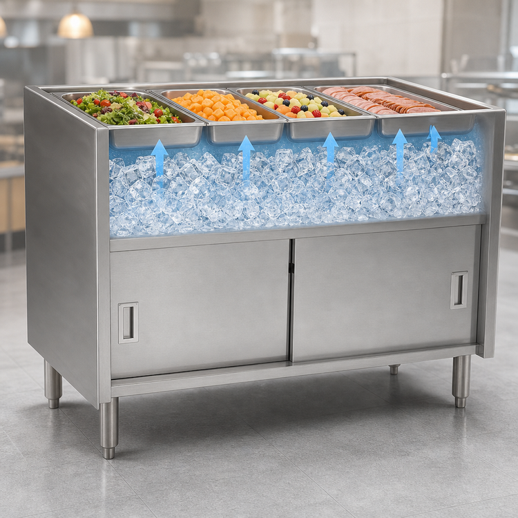 Product image #3 for Spec-Master Stationary Ice-Cooled 4-Pan Cold Food Table with Enclosed Base and Sliding Doors, 63-5/8-Inch Wide