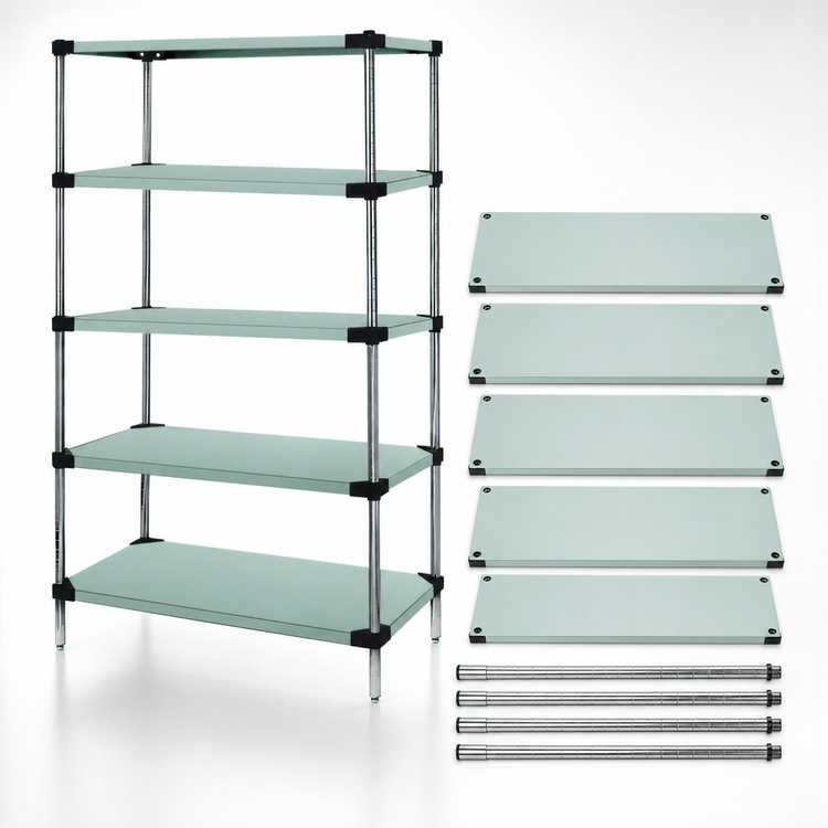 Product image #3 for Quantum Stationary Solid Shelving Starter Kit, 36"W x 24"D x 74"H, 5 Solid Shelves, 304 Stainless Steel
