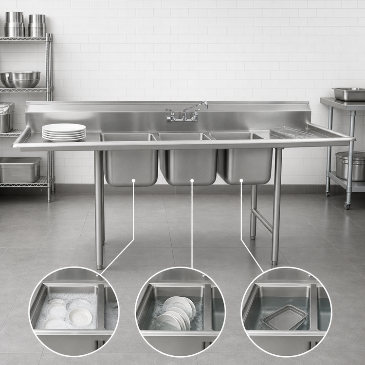 Product image #3 for Eagle Group 414 Series Three-Compartment Sink with 22 x 22 Inch Bowls and 18-Inch Left and Right Drainboards