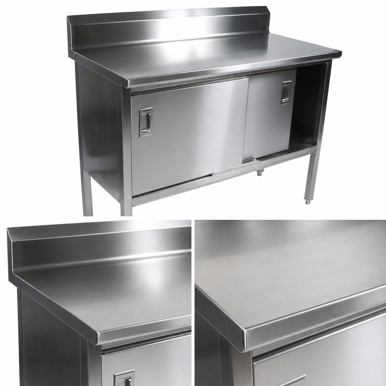 Product image #3 for John Boos Enclosed Stainless Steel Work Table with Sliding Doors, 132"W x 24"D, 5" Backsplash