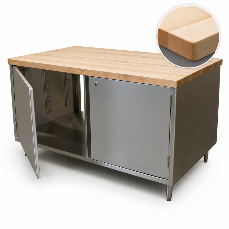 Product image #3 for BK Resources Dual-Access Chef Table with Hard Maple Top, Stainless Steel Cabinet Base, and Locking Hinged Doors, 60 x 36 Inches