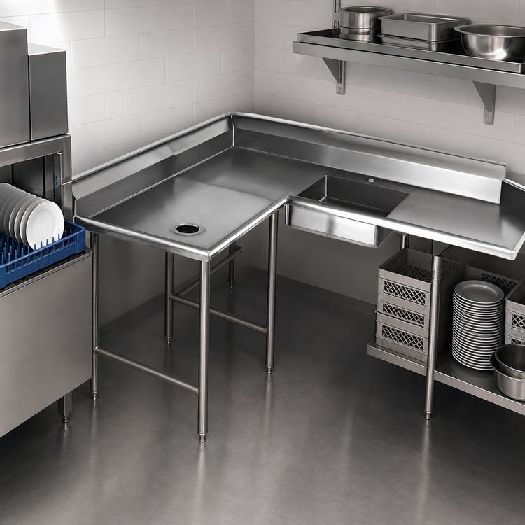 Product image #3 for Eagle Group Left-Hand Corner Soiled Dishtable, 96-Inch Machine-to-Corner, 60-Inch Corner-to-End, 30-Inch Deep 16/304 Stainless Steel Top