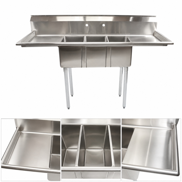 Product image #3 for Omcan Space Saver 62-Inch Three-Compartment Sink with Left/Right Drain Boards