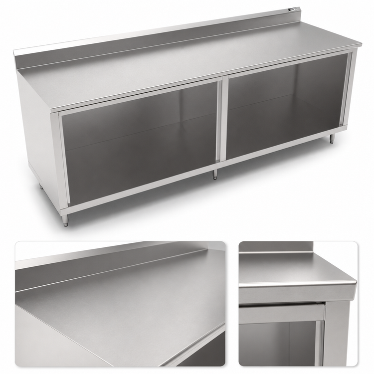 Product image #3 for John Boos 108 x 30 Inch Stainless Steel Cabinet Base Work Table with Open Front and 5-Inch Backsplash