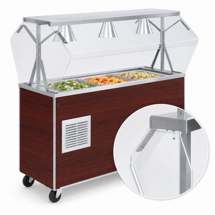 Product image #3 for Mobile Refrigerated Cafeteria Unit with NSF2-Certified Breath Guard, 3-Pan, Cherry Woodgrain