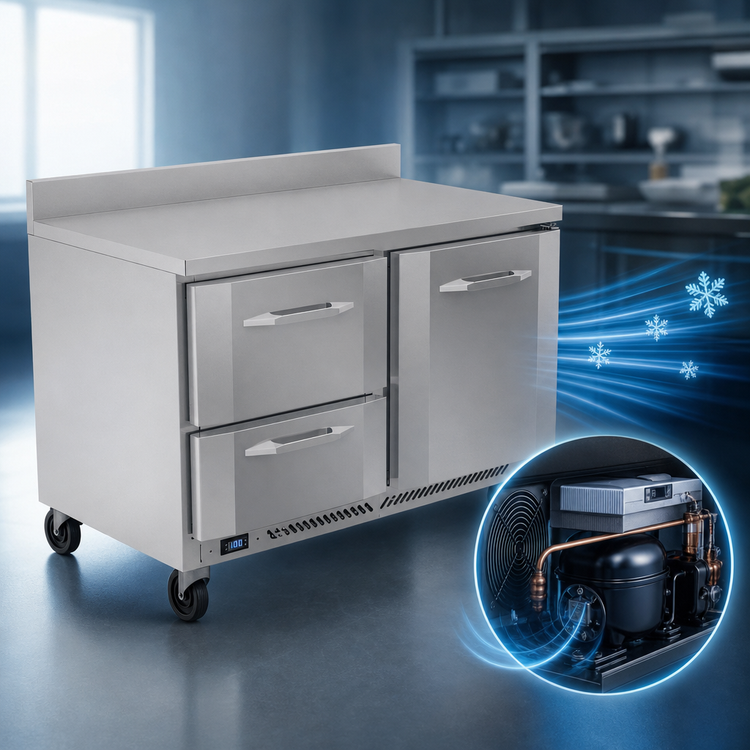 Product image #3 for Victory Refrigeration VWFD48HC-2 48-Inch Two-Section Worktop Freezer Counter with Doors and Drawers, 11.04 Cu. Ft., Rear-Mounted Self-Contained R290