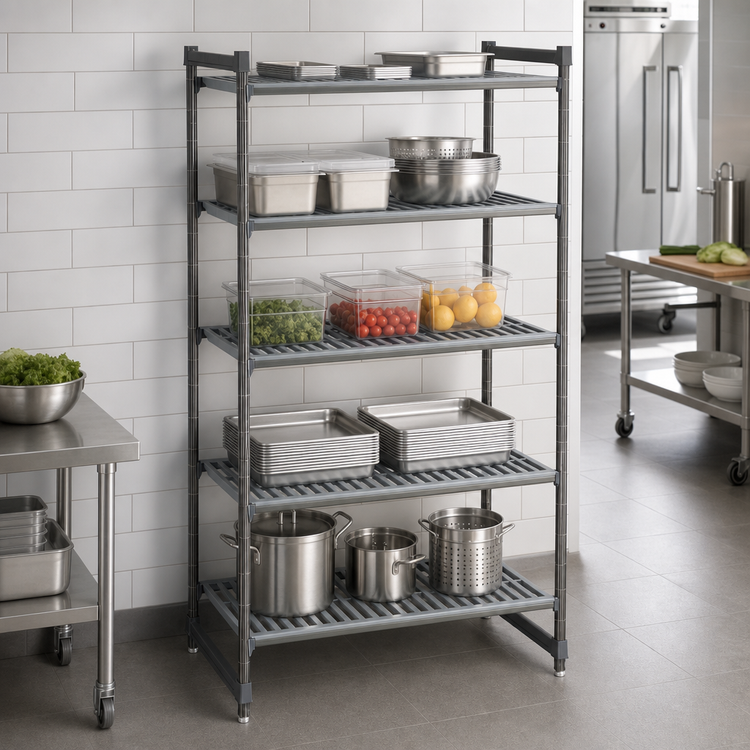 Product image #3 for Cambro Camshelving Basics Plus 5-Tier Stationary Starter Polymer Shelving Unit, 21 x 30 x 64 Inches, Brushed Graphite