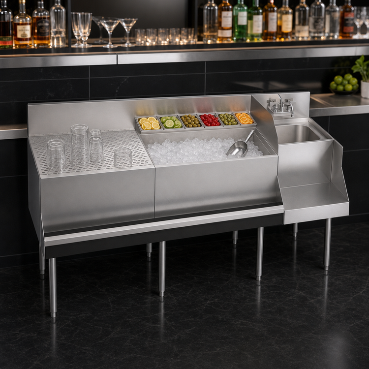 Product image #4 for Krowne Royal Series 72-Inch Freestanding Underbar Ice Bin/Cocktail Station with Drainboard, 18-Inch Blender Dump Sink, and 10-Circuit Cold Plate
