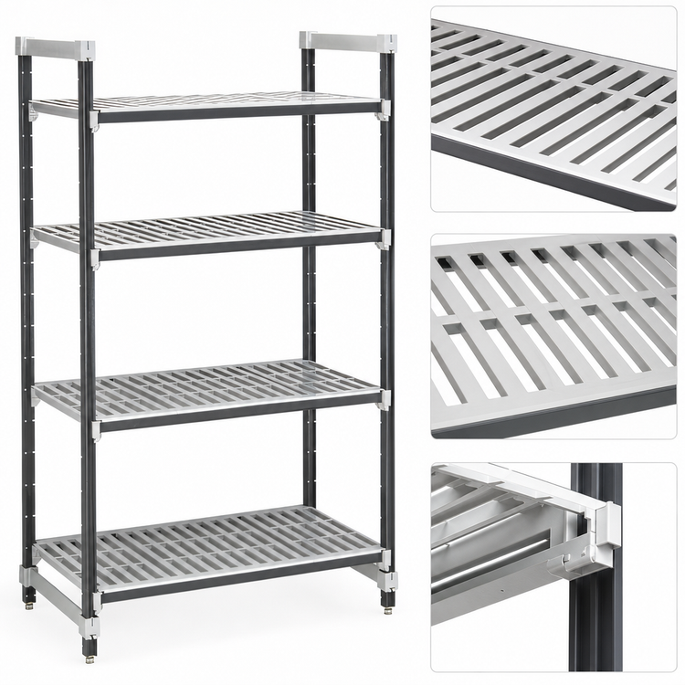 Product image #3 for Cambro Camshelving Elements XTRA 4-Tier Vented Stationary Starter Shelving Unit, 72 x 21 x 72 Inches, Speckled Gray