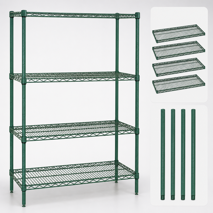 Product image #3 for Quantum 54" x 14" x 74" Wire Shelving Starter Kit, 4 Shelves, Stationary, Green Epoxy Antimicrobial Finish