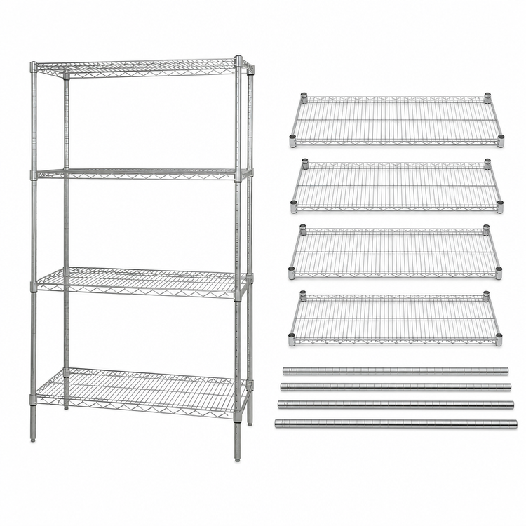 Product image #3 for Quantum 48"W x 14"D x 74"H Wire Shelving Starter Kit, Chrome Plated, 4-Shelf Stationary Unit