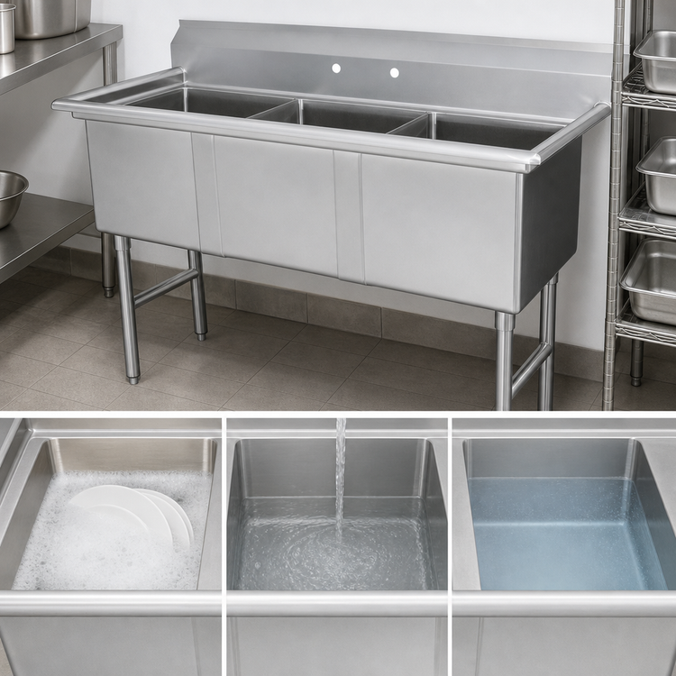 Product image #3 for Advance Tabco Special Value Series 3-Compartment Fabricated Sink with No Drainboards, 18 x 24 x 14 Inch Bowls