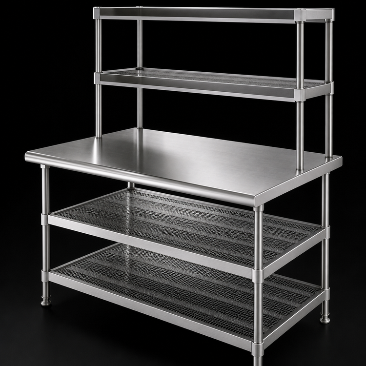 Product image #3 for Eagle AdjusTable T3048EBW-2 Two-Tier Heavy-Duty Stainless Steel Work Table with Double Overshelf, 48 x 30 Inches
