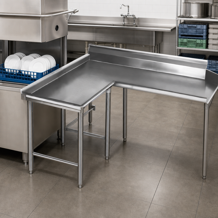 Product image #3 for Eagle Group Island Clean Dishtable, 48 Inch Machine-to-Corner x 60 Inch Corner-to-End, 30 Inch Working Depth, 16/304 Stainless Steel