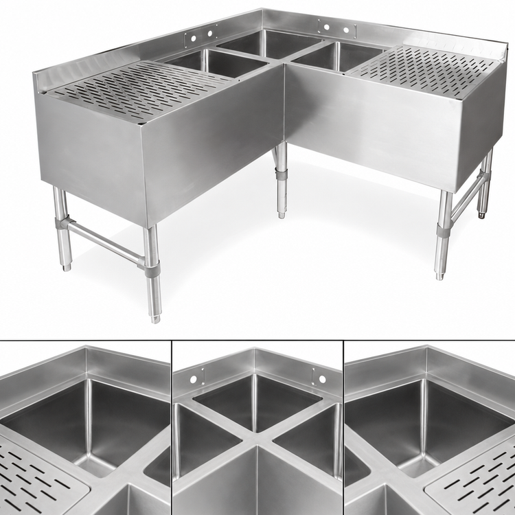 Product image #3 for John Boos 3-Compartment Underbar Corner Sink Unit with Left and Right Drainboards, 48"W x 21"D