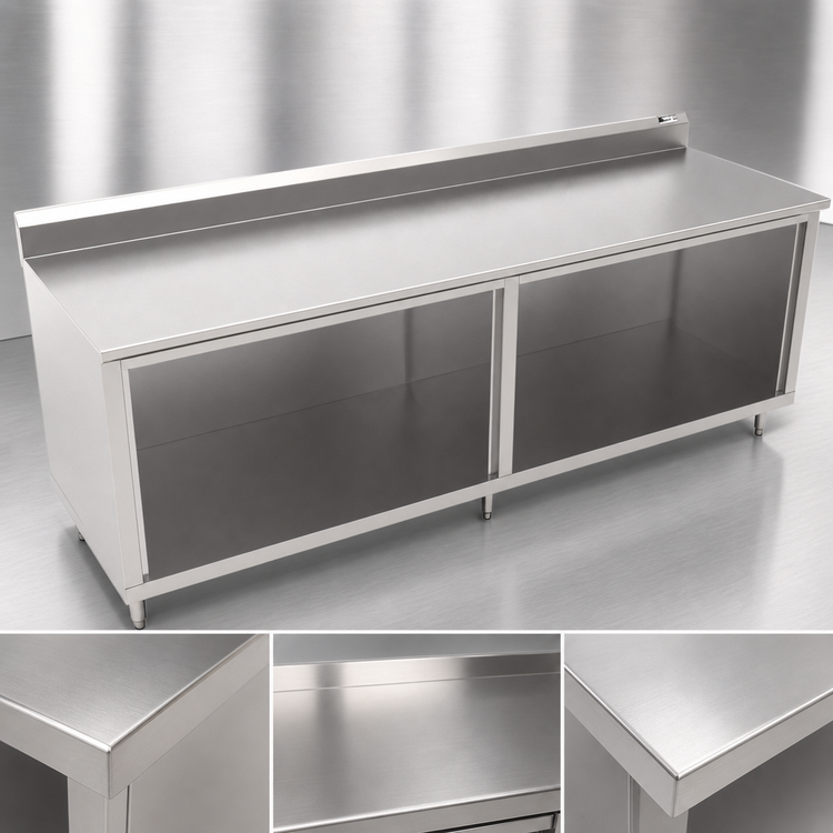 Product image #3 for John Boos Stainless Steel Underbar Work Table with Open Front Cabinet Base, 108" W x 36" D, 5" Backsplash