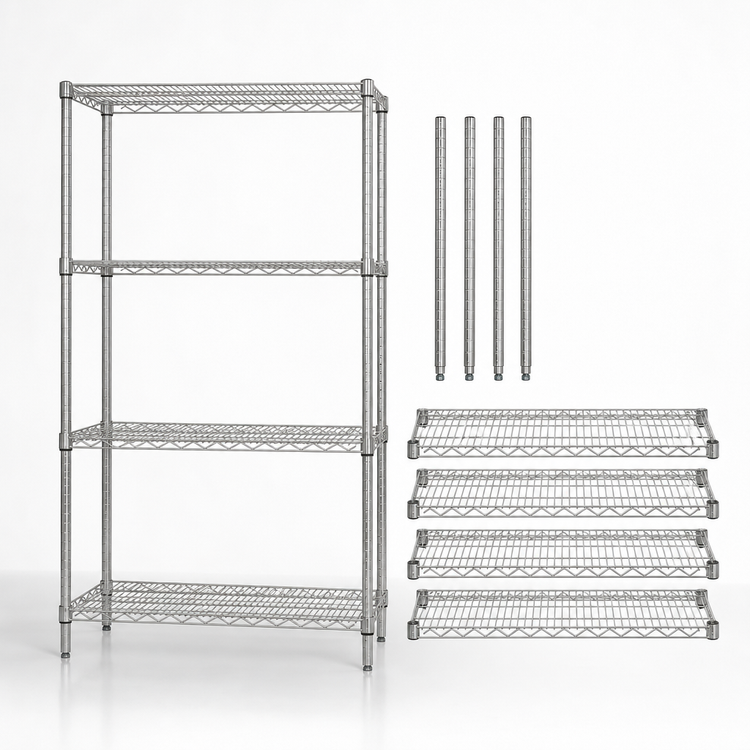 Product image #3 for Quantum Stationary Wire Shelving Starter Kit, 30"W x 14"D x 63"H, Chrome Plated, 4 Shelves