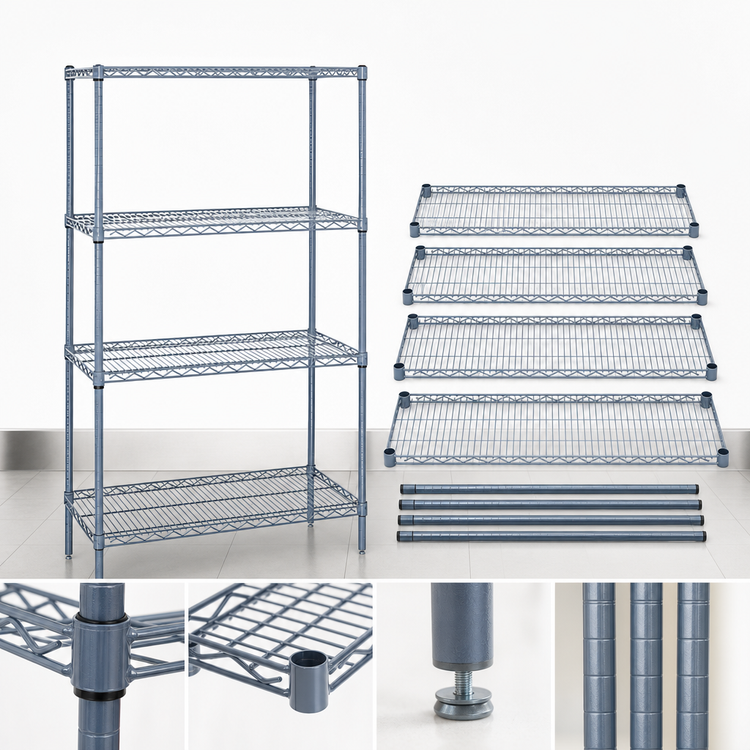 Product image #3 for Quantum 4-Shelf Wire Shelving Starter Kit, 48"W x 18"D x 74"H, Gray Epoxy Antimicrobial Finish