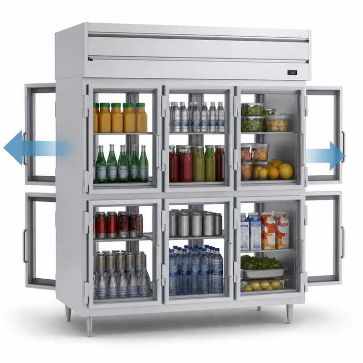 Product image #3 for Beverage-Air P-Series Three-Section Pass-Thru Reach-In Refrigerator with 12 Glass Half Doors, 73.99 Cu. Ft., Top-Mounted Self-Contained Refrigeration