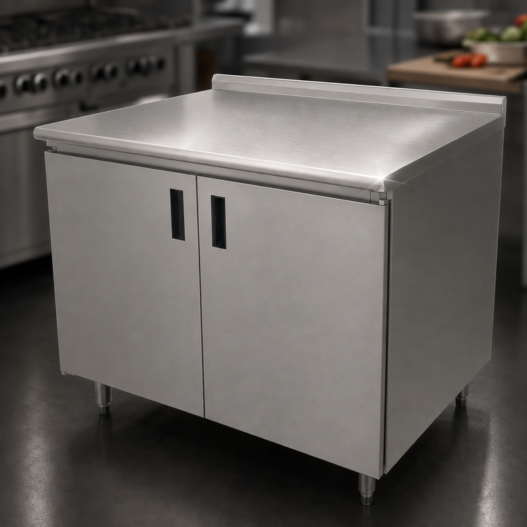 Product image #3 for Advance Tabco Enclosed Work Table with Cabinet Base, Mid-Shelf, Hinged Doors, 48 x 30 Inch, 304 Stainless Steel Top