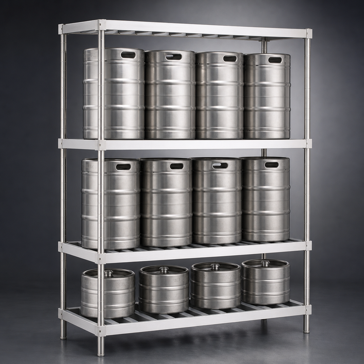 Product image #3 for New Age Aluminum 3-Shelf T-Bar Keg Rack, 4 Half-Barrel or 12 Sixth-Barrel Capacity