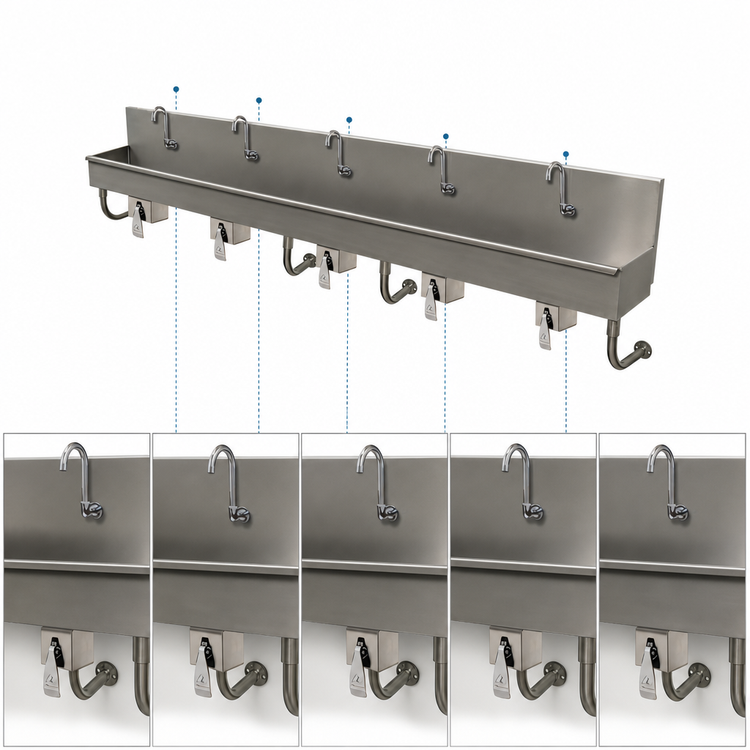 Product image #3 for Advance Tabco 5-Station Wall-Mounted Knee-Operated Hand Wash Sink, 100 Inch Wide